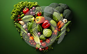 Heart-Shaped Assortment of Fresh Vegetables with Lettuce Broccoli Peppers and Tomatoes on a Green Background Symbolizing Healthy