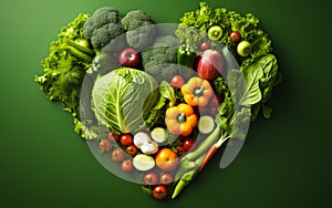 Heart-Shaped Assortment of Fresh Vegetables with Lettuce Broccoli Peppers and Tomatoes on a Green Background Symbolizing Healthy