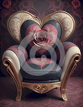 Heart shaped backrest design sofa with golden details and rich velvety appearance, Generative AI photo