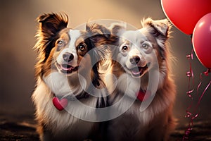 A heart shaped balloon brings together two joyful Border Collie friends
