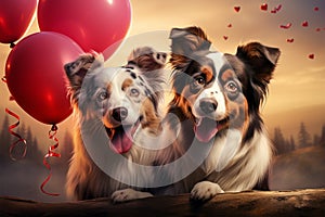 A heart shaped balloon brings together two joyful Border Collie friends