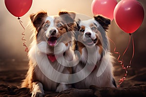 A heart shaped balloon brings together two joyful Border Collie friends