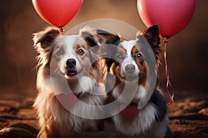 A heart shaped balloon brings together two joyful Border Collie friends