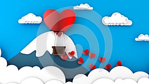 Heart shaped balloon flying on sky and mountain background. Happy Valentine`s Day