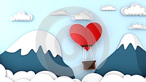Heart shaped balloon flying on sky and mountain background. Happy Valentine`s Day