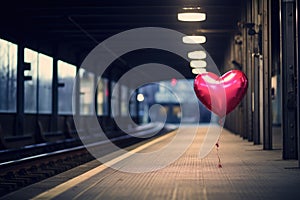 A heart shaped balloon sits peacefully on the side of a bustling train station, capturing the attention of passersby, An empty