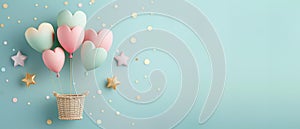 Heart-Shaped Balloons in Basket with Stars, Confetti on Light Blue Background - Ideal for Logos, Web Icons, Templates