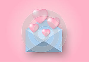 Heart shaped balloons floating out of an envelope