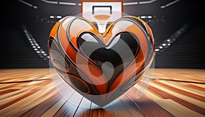 Heart-shaped Basketball Ball on the Parquet of a Basketball Court - Generative Ai