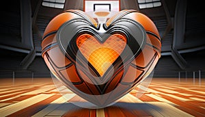 Heart-shaped Basketball Ball on the Parquet of a Basketball Court - Generative Ai