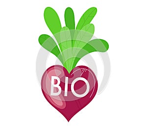 Heart-shaped beet with green leaves and BIO text. Organic food symbol and healthy eating concept vector illustration