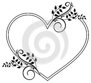 Heart-shaped black and white frame with floral silhouettes. Raster clip art.