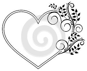 Heart-shaped black and white frame with floral silhouettes. Raster clip art.