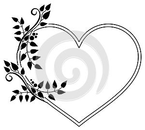 Heart-shaped black and white frame with floral silhouettes. Raster clip art.