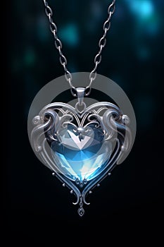 Heart shaped blue necklace pendant - silver chain - black background - blue glow - blue topaz