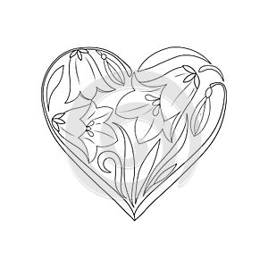 Heart shaped bouquet of bell flowers  black and white contour illustration  isolated on white background