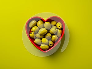 A Heart Shaped Bowl Of Olives On A Bright Color Background. Healthy Food