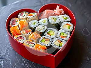 A heart shaped box filled with sushi