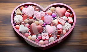 A heart-shaped box full of various Valentines Day candies and chocolates adorned with romantic pink and red confections perfect