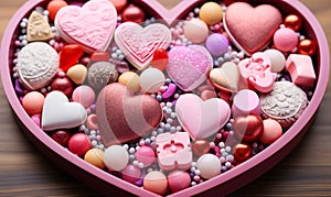 A heart-shaped box full of various Valentines Day candies and chocolates adorned with romantic pink and red confections perfect