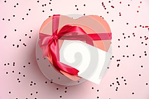 Heart shaped box with red ribbon bow and blank paper card mockup on pink background with confetti. Valentines day gift box. Love,