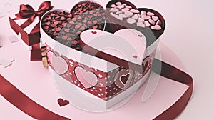 A heart-shaped box with three compartments filled with Valentine\'s Day candies and a message inside