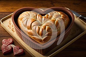 heart-shaped bread loaf baked in a heart-shaped baking pan, with crisscrossed lines for added visual appeal