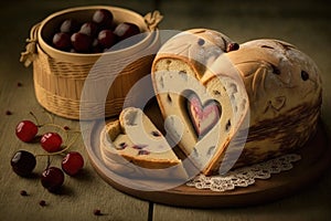 heart-shaped bread loaf with a piped heart and cherry filling