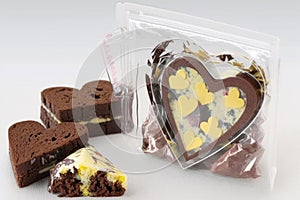 heart-shaped brownie cut into bite-sized pieces and packaged in cello bag
