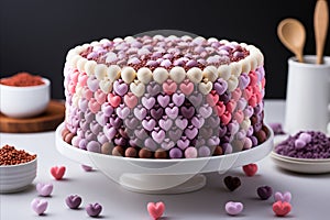 Heart-shaped cake decorated with valentines day elements for romantic celebration