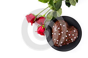 Heart shaped cake and red roses for Valentine`s Day or mother`s day isolated