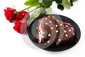 Heart shaped cake and red roses for Valentine`s Day or mother`s day isolated