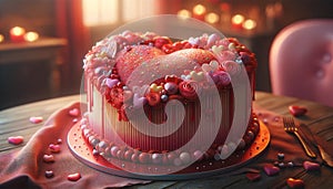 A heart shaped cake sitting on top of a table, to celebrate valentine's day or wedding anniversary.