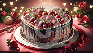 A heart shaped cake sitting on top of a table, to celebrate valentine's day or wedding anniversary.