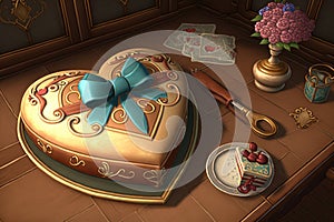 heart-shaped cake surrounded by giftwrap, with a bow and heart-shaped lock