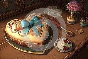 heart-shaped cake surrounded by giftwrap, with a bow and heart-shaped lock photo