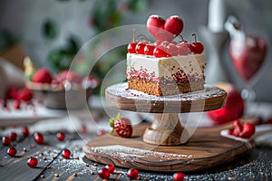 Heart-shaped cake on a wooden stand with decor. Concept for celebrating birthday, Valentine's Day, Mother's Day