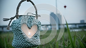 Heart shaped candle in a blue knitted lamp on a green grass.