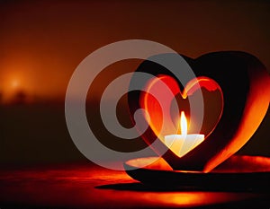 Heart-shaped candlestick with lit candle, dark background, AI generated