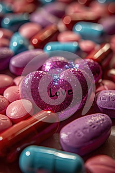 Heart-Shaped Candy or pills Spelling Love