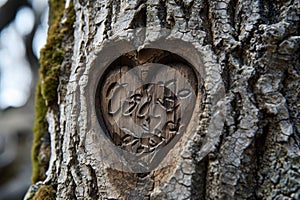 A heart-shaped carving on the bark of a tree, showcasing a symbol of love permanently etched in nature, Carved initials within a