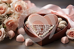 A heart shaped chocolate box with roses and chocolates