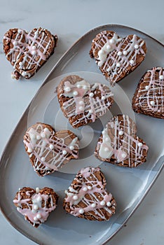 Heart shaped chocolate brownie cake with icing for Valentines Day