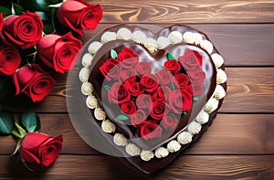 Heart-shaped chocolate cake on a wooden table, decorated with roses on top. Valentine\'s Day, Mother\'s Day. Copy space