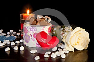 Heart Shaped Chocolate Love with candle and white rose Valentines Day