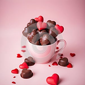 heart shaped chocolate in red and dark chocolate color puted inside pink mug on pink background