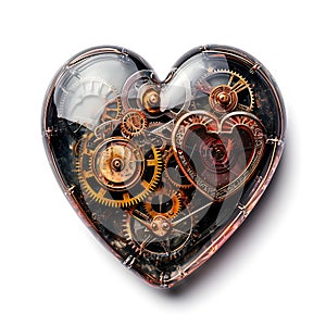 heart-shaped clockworks in glass on white background, heart-shaped, isolated . steampunk