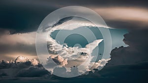 A heart shaped cloud in the sky with a bird flying through it, AI