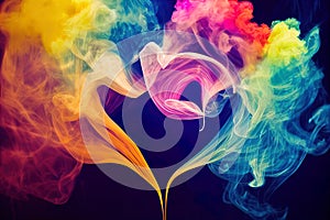 a heart shaped cloud of smoke with a black background and a rainbow hued background with a black background