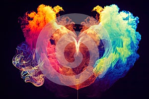 a heart shaped cloud of smoke with a black background and a rainbow hued background with a black background